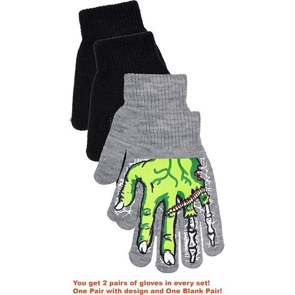 Boys 2 pairs of Gloves: 1-Halloween AND 1-Black (Monster Green) - Picture 1 of 3